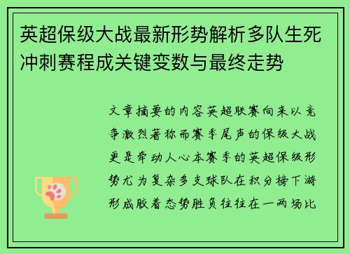 英超保级大战最新形势解析多队生死冲刺赛程成关键变数与最终走势 英超保级大战最新形势解析多队生死冲刺赛程成关键变数与最终走势