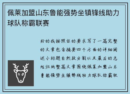 佩莱加盟山东鲁能强势坐镇锋线助力球队称霸联赛